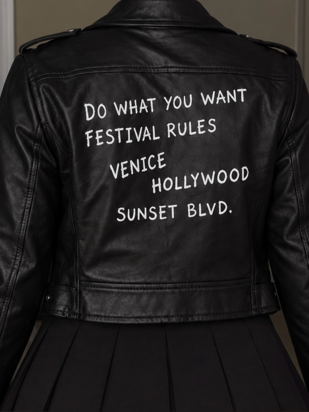 Ashley Outerwear Black Faux Leather Jacket with White Back Graphic